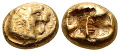 Kingdom of Lydia. 'Walwet' (Alyattes II) EL Hekte. Sardes, circa 610-560 BC. Head of roaring lion right, knob on forehead; traces of inscription to right / Double incuse punch. Weidauer 105. 2.37g, 10