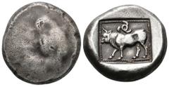 Lycia, Uncertain Dynast AR Stater. Xanthos mint (?), circa 440 BC. [Lion attacking bull] / Bull standing left, triskeles above. Cf. Nollé IV 26; Hirter in: IJN 14, 200/2002 Taf. 2.1 (Bull right); Cf. 