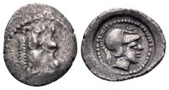 Lycia, Uncertain AR Obol. 400-350 BC. Lion's scalp facing / helmeted head of Athena to right, letters above. Cf. SNG Cop 370; Cf. SNG Von Aulock 4190-4193; Cf. BMC Lycia series V, pl. VIII; Cf. Noble 