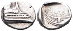 Lycia, Phaselis AR Tetrobol. Circa 500-440 BC. Prow of galley right / Stern of galley right; ΦΑΣ above. SNG von Aulock-; Cf Heipp-Tamer 72. 3.47g, 15mm, 11h. Good Very Fine.