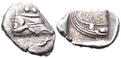 Lycia, Phaselis AR Tetrobol. Circa 500-440 BC. Prow of galley in the form of a boar's forepart to right / Stern of galley left; ΦΑΣ above; dolphin below stern(?). SNG von Aulock 4394-4396. 3.40g, 11/1