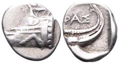 Lycia, Phaselis AR Tetrobol. Circa 500-440 BC. Prow of galley in the form of a boar's forepart to left / Stern of galley right; ΦΑΣ above. SNG von Aulock 4394-4396. 3.17g, 15mm, 8h. Good Very Fine.