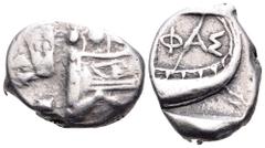 Lycia, Phaselis AR Tetrobol. Circa 500-440 BC. Prow of galley in the form of a boar's forepart to right; unidentified figures behind(?) / Stern of galley left; ΦΑΣ above; dolphin below stern(?). SNG v
