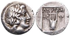 Lycia, Myra as member of the Lycian League AR Drachm. Circa 167-100 BC. Laureate head of Apollo right; [bow and quiver] over shoulder / Kithara within incuse square. Troxell, Lycian 28.2 (same obv. di