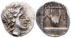 Lycia, Limyra as a member of the Lycian League AR Drachm. 167-81 BC. Laureate head of Apollo right, bow and quiver over shoulder / City initials Λ-Ι on either side of a kithara, ΛVKIΩΝ above; all with