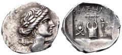 Lycia, Phaselis as member of the Lycian League AR Drachm. Circa 167-100 BC. Laureate head of Apollo right, bow and quiver over shoulder / Kithara; Isis crown to left, torch to right; all within incuse