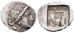 Lycia, Limyra as member of the Lycian League AR Drachm. Circa 167-100 BC. Laureate head of Apollo right; bow and quiver over shoulder / Kithara flanked by Λ - Ι; ΛVKIΩΝ above. Troxell 56.1. 2.55g, 15m