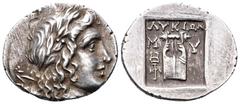 Lycia, Myra as member of the Lycian League AR Drachm. Circa 167-100 BC. Laureate head of Apollo right; bow and quiver over shoulder / Kithara; M-Y, winged kerykeion to left; all within incuse square. 