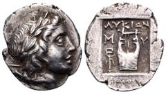 Lycia, Myra as member of the Lycian League AR Drachm. Circa 167-100 BC. Laureate head of Apollo right; bow and quiver over shoulder / Kithara; M-Y, winged kerykeion to left; all within incuse square. 
