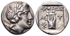 Lycia, Myra as member of the Lycian League AR Drachm. Circa 167-100 BC. Laureate head of Apollo right; bow and quiver over shoulder / Kithara; M-Y; Isis crown to lower left. Troxell 29. 3.00g, 14mm, 1