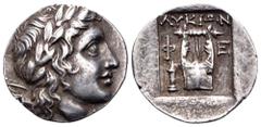 Lycia, Phellos AR Drachm. Pseudo-Lycian League issue, circa 2nd Century BC. Laureate head of Apollo right; bow and quiver over shoulder / Kithara; flanked by Φ − Ε; Bow-case in lower left field- Troxe