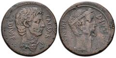 Octavian and Divus Julius Caesar Æ Dupondius. Southern Italian (?) mint, circa 38 BC. CAESAR DIVI F, bare head of Octavian right, with slight beard / DIVOS IVLIVS, wreathed head of Divus Julius Caesar
