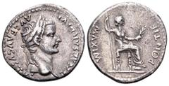Tiberius AR Denarius. Lugdunum, AD 36-37. TI CAESAR DIVI AVG F AVGVSTVS, laureate bust right / PONTIF MAXIM, Livia (as Pax) seated right on throne with ornate legs, holding long sceptre and olive bran