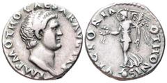 Otho AR Denarius. Rome, AD 69. IMP M OTHO CAESAR AVG TR P, bare head right / VICTORIA OTHONIS, draped figure of Victory standing left on globe, holding wreath and palm . RIC 16. 3.48g, 16mm, 6h. Very 