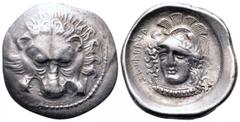 Dynasts of Lycia, Zagaba AR 1/3 Stater. Circa 400-380 BC. Lion's scalp facing / Head of Athena, facing three-quarter to left, wearing elaborate necklace and crested and plumed helmet; Lycian script ar