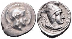 Lycia, attributed to Xanthos AR Stater. Circa 400-390 BC. Head of Athena right, wearing plain Attic crested helmet / ARÑNAHA (in Lycian), head of Hermes or Kabeiros right, wearing winged pilos, diskel