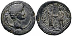 Augustus Æ18 of Sardes, Lydia. 27 BC-AD 14. Homonoia with Pergamum. Mousaios, magistrate. Bare head right / Tyche of Sardis and Demos of Pergamum, each holding sceptre, standing facing, clasping hands
