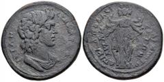 Lydia, Thyateira Æ Medallion. Pseudo-Autonomous. Early to Middle of 3rd Century AD (Elagabalus-Severus Alexander; AD 218-235). Draped bust of youthful Senate right / Three Tyches lined up, standing fa