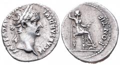 Tiberius AR Denarius. Lugdunum, AD 36-37. TI CAESAR DIVI AVG F AVGVSTVS, laureate bust right / PONTIF MAXIM, Livia (as Pax) seated right on throne with ornate legs, holding long sceptre and olive bran