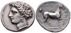 Thessaly, Larissa AR Drachm. Circa 400-350 BC. Head of the nymph Larissa left, wearing pearl necklace and triple-drop earring, her hair raised and bound / Bridled horse trotting right, tail curling up