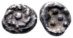 Ionia, Uncertain mint AR Tetartemorion. Circa 530/25-500 BC. Rosette / Incuse square punch with five pellets. Sammlung Klein 387 (Larger denomination). 0.06g, 4mm. Very Fine. Rare.