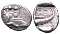 Lycia, Phaselis AR Tetrobol. Circa 500-440 BC. Prow of galley in the form of a boar's forepart to right / Stern of galley right; ΦΑΣ above. SNG von Aulock 4394-4396. 3.25g, 14mm, 8h. Good Very Fine.