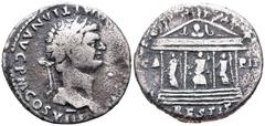 Domitian AR Tetradrachm. Ephesus(?), struck circa AD 82. IMP CAES DOMITIAN AVG P M COS VIII, laureate head right / Tetrastyle temple of Jupiter Optimus Maximus with decorated tympanum and quadriga at 