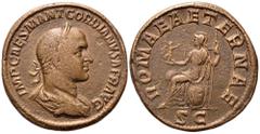 Gordian II Æ Sestertius. Rome, April 238. IMP CAES M ANT GORDIANVS AFR AVG, laureate, draped and cuirassed bust of Gordian II to right / ROMAE AETERNAE, Roma seated left on shield, holding Victory in 