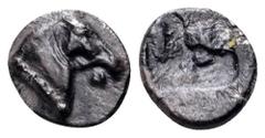 Aeolis, Kyme AR Tetartemorion. Circa 480-450 BC. Horse’s head left / Quadripartite incuse square. SNG Copenhagen -; SNG von Aulock -; Klein 332 (Hemiobol); Rosen -. 0.25g, 5mm. Very Fine.