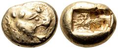 Kingdom of Lydia, Alyattes EL Trite. Sardes, circa 610-546 BC. Head of roaring lion to right, sunburst with multiple rays on forehead / Two incuse square punches of unequal size. Traité II/1, 44, pl. 