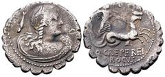 Q. Crepereius M. f. Rocus AR Serrate Denarius. Rome, 72 BC. Bust of Amphitrite or Venus right, seen from behind, dolphin on left, D on right / Neptune in biga of sea-horses, brandishing trident, D abo