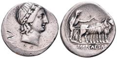 Octavian AR Denarius. Rome, 28 BC. Laureate bust of Apollo of Actium right, with features of Octavian / Octavian, veiled and in priestly robes, ploughing right with team of oxen; IMP•CAESAR in exergue