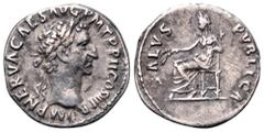 Nerva AR Denarius. Rome, AD 97. IMP NERVA CAES AVGP M TR P COS II P P, laureate head of Nerva right / SALVS PVBLICA, Salus seated left, holding grain ears. RSC 132; RIC 9. 3.15g, 17mm, 6h. Very Fine.