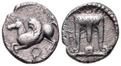 Bruttium, Kroton AR Triobol. Circa 525-425 BC. Tripod / Pegasos flying left, Q below. SG 468 (diobol 1.4g); HN Italy 2127; SNG ANS 323-6; Head p96 (diobol). 1.25g, 12mm, 11h. Very Fine. Pleasant cabin