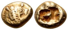 Kingdom of Lydia, Alyattes EL Trite. Sardes, circa 610-546 BC. Head of roaring lion to right, sunburst with multiple rays on forehead / Two incuse square punches of unequal size. Traité II/1, 44, pl. 