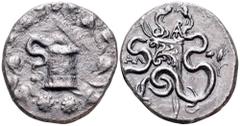Lydia, Tralleis AR Cistophoric Tetradrachm. Circa 134-128 BC. Cista mystica with serpent; all within ivy wreath / Two serpents entwined around bow and bowcase; monogram above, TPAΛ to left, poppy and 