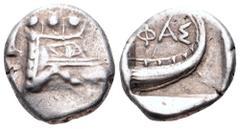 Lycia, Phaselis AR Tetrobol. Circa 500-440 BC. Prow of galley in the form of a boar's forepart to right / Stern of galley right; ΦΑΣ above. SNG von Aulock 4394-4396. 3.40g, 14mm, 10h. Good Very Fine.
