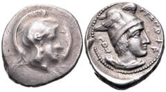 Lycia, attributed to Xanthos AR Stater. Circa 400-390 BC. Head of Athena right, wearing plain Attic crested helmet / ARÑNAHA (in Lycian), head of Hermes or Kabeiros right, wearing winged pilos, diskel