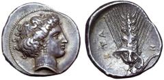 Lucania, Metapontion AR Stater. Circa 400-340 BC. Head of Demeter right, wearing pendant earring and necklace / Ear of barley with leaf to right, upon which ΞΩ; META to left. Antikenmuseum Basel 145 (