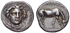 Thessaly, Larissa AR Drachm. Circa 400-380 BC. Facing head of the nymph Larissa, turned slightly to the right, wearing ampyx, drop earrings, and a necklace with a central pendant / ΛΑΡΙΣΑΙ, horse with