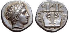 Macedon, Chalkidian League AR Tetradrachm. Olynthos, circa 364-348 BC. Laureate head of Apollo right / XAΛKIΔEΩN around kithara with six strings. Robinson & Clement 96 (A63/P83). SNG ANS 502 = SNG Ber