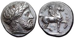 Kingdom of Macedon, Philip II AR Tetradrachm. Lifetime issue. Pella, circa 342/1-337/6 BC. Laureate head of Zeus right / Young male rider, nude and holding a palm branch, on horse pacing to right, thu