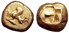 Mysia, Kyzikos EL Stater. Circa 550-450 BC. Winged figure to right, consisting of man's body with dolphin's head, holding tunny fish in left hand, right hand raised behind head. Von Fritze -, cf. 79 (