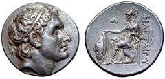 Kingdom of Pergamon, Philetairos I AR Tetradrachm. Circa 270-265 BC. Diademed head of the deified Seleukos I to right / Athena, helmeted and wearing long robes, seated to left on low throne with lion’