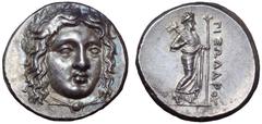 Satraps of Karia, Pixodaros AR Stater. Halikarnassos, circa 341/0-336/5 BC. Head of Apollo facing slightly right, wearing laurel wreath, drapery around neck / Zeus Labraundos standing right, holding d
