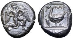 Cilicia, Mallos AR Stater. Circa 440-390 BC. Winged male deity (Kronos?) advancing right, holding solar disk with both hands / Swan standing left, MAP above, fish downwards to left; all within pellete