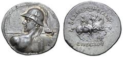 Greco-Baktrian Kingdom, Eukratides I 'the Great' AR Tetradrachm. Circa 171-145 BC. Diademed and draped heroic bust left, holding spear, wearing helmet adorned with bull's horn and ear / The Dioskouroi