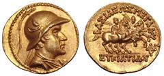 Greco-Baktrian Kingdom, Eukratides I 'the Great' AV Stater. Circa 170-145 BC. Diademed and draped bust right, wearing crested helmet adorned with bull's horn and ear; all within pelleted border / BAΣI