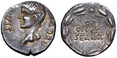 Civil War, Vindex AR Denarius. Uncertain mint in Gaul, AD 68. AVGVSTVS DIVI F, bare head of youthful Augustus (Octavian) to left / OB CIVES SERVAT in three lines within corona civica with circular jew