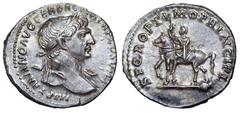 Trajan AR Denarius. Rome, AD 112-113. IMP TRAIANO AVG GER DAC P M TR P COS VI P P, laureate bust right, drapery on far shoulder / SPQR OPTIMO PRINCIPI, equestrian statue of Trajan (equus Traiani of Tr